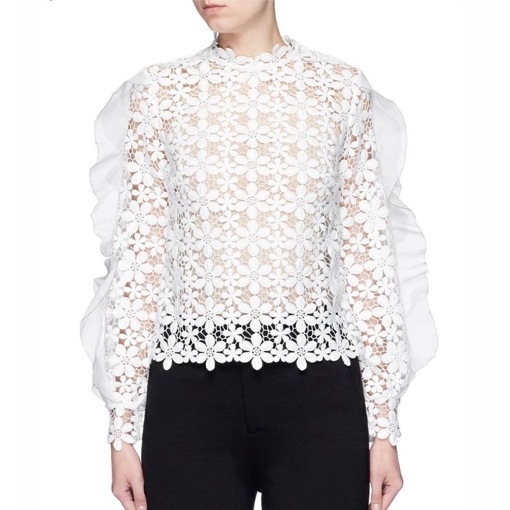 Self-Portrait Flounce Short Sleeve Daisy-Patterned Lace Mock Neck Blouse Size 2 - Picture 1 of 11